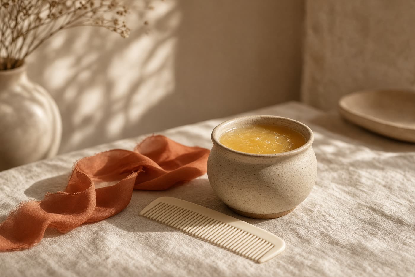 Honey-colored wax, an ivory comb, and a terracotta ribbon on linen